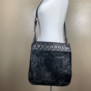 Aqua Madonna calf and leather crossbody purse.